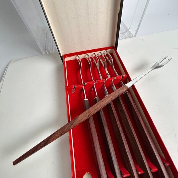 Set of 6 Teak Wood Handle Fondue Forks 12" Japan MCM Bar BBQ Smores 1960s - Picture 6 of 10